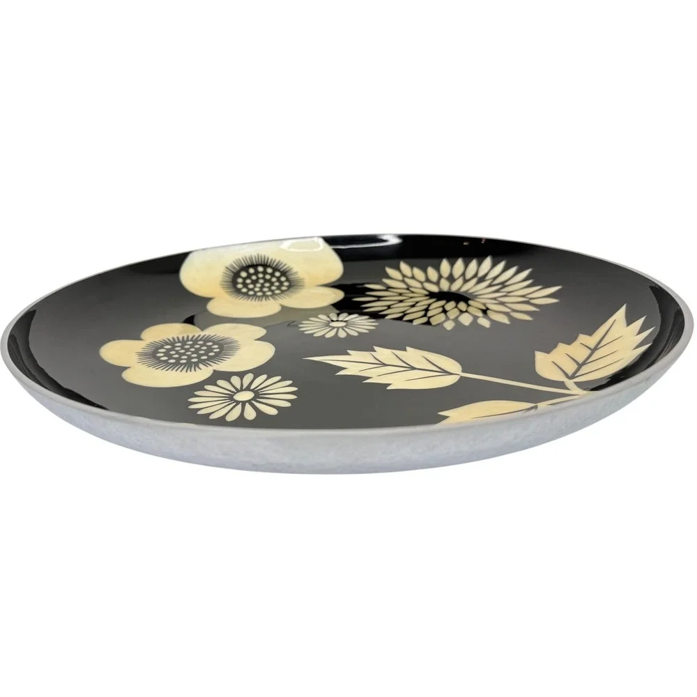 Black Floral Serving Tray Round Metal Retro Boho Mid Century 14 In Made in India